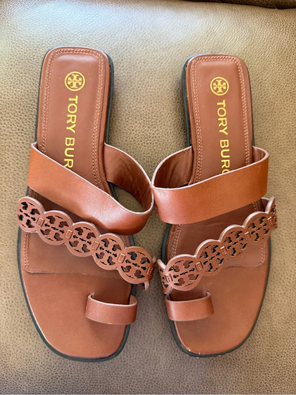Tory Burch Tiny Miller leather toe-ring slides in tan/ brown color